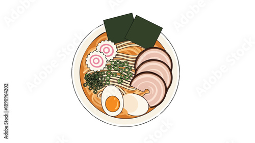 Top-down illustration of a delicious Japanese ramen bowl with noodles, pork, egg, and fresh garnishes a culinary delight