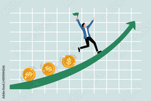 Investment profits and income, stock market growth, businessmen or investors holding flags, tin coins running up on a rising graph.