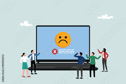 The concept of computer outage or software update error, operating system corruption, server downtime or technical problem, people who are victims see their laptop computer experiencing outage.