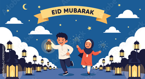 Kids running with lanterns and sparklers at night during Eid, modern flat vector capturing magical festive Eid Mubarak atmosphere