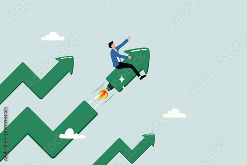 Stock market prices are skyrocketing, businesses are growing positively, confident entrepreneurs are speeding ahead with the green rocket arrow that continues to rise to the top.