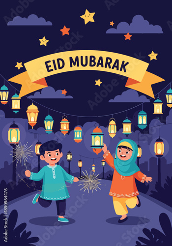 Kids running with lanterns and sparklers at night during Eid, modern flat vector capturing magical festive Eid Mubarak atmosphere