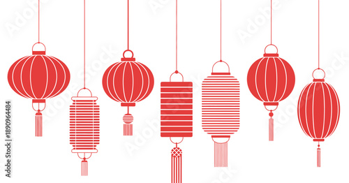 Collection of red Chinese lanterns with tassels hanging white background traditional