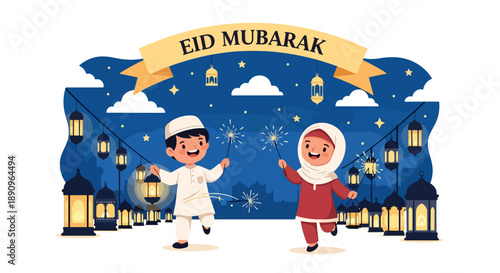 Kids running with lanterns and sparklers at night during Eid, modern flat vector capturing magical festive Eid Mubarak atmosphere