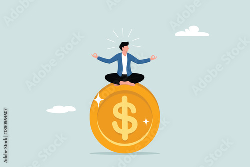 Financial behavioral awareness for wealth management, money and investment advisory concepts, smart entrepreneurs meditating and floating on a large gold dollar coin.