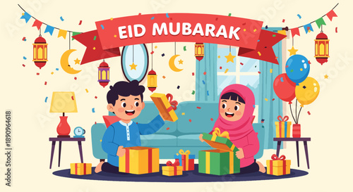 Children opening gift boxes on Eid morning, modern flat vector capturing excitement and Eid Mubarak happiness