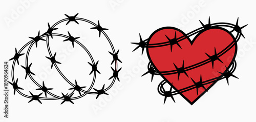 Red heart entwined with barbed wire and tangled wire loops white background love