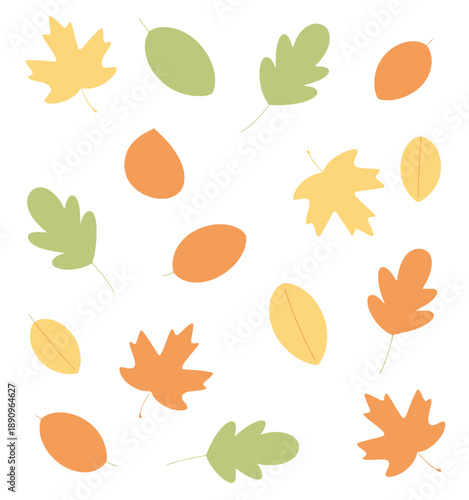 Scattered autumn leaves in yellow green and orange a white background fall pattern