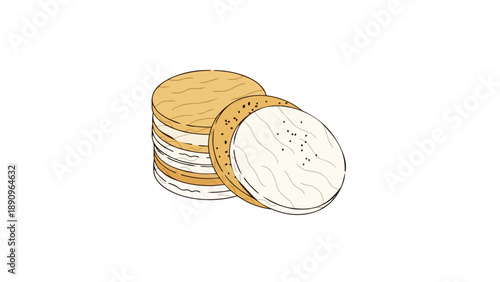 Minimalist vector illustration of stacked round baked goods, resembling crispy crackers or creamy sandwich cookies, with a leaning piece showing