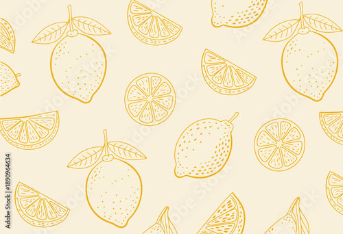 Seamless pattern of yellow lemon outlines and slices a light cream background citrus fruit
