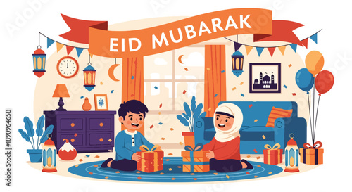 Children opening gift boxes on Eid morning, modern flat vector capturing excitement and Eid Mubarak happiness