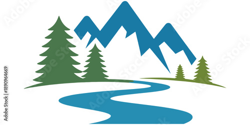 Stylized mountain landscape with pine trees and winding river white background