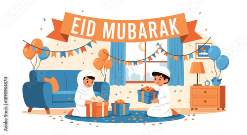 Children opening gift boxes on Eid morning, modern flat vector capturing excitement and Eid Mubarak happiness