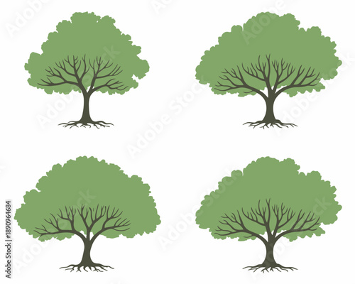 Stylized green trees with visible roots and branches a white background nature plant