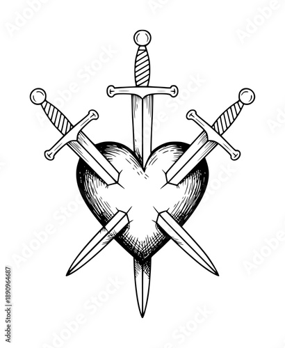 Swords piercing a heart in a vintage style a white background symbol