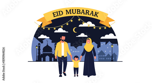 Family walking together under decorative lights after Eid prayer, modern flat vector showing peaceful Eid Mubarak night scene
