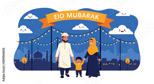 Family walking together under decorative lights after Eid prayer, modern flat vector showing peaceful Eid Mubarak night scene