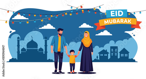 Family walking together under decorative lights after Eid prayer, modern flat vector showing peaceful Eid Mubarak night scene
