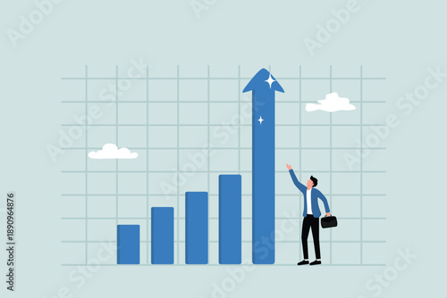Presentation of company growth, profit increase, investment success or sales growth, report or statistical concept of increase, entrepreneur with high increase bar chart graph.