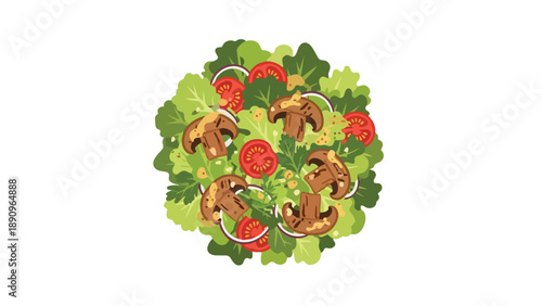 Fresh vibrant green salad illustration with crisp lettuce red tomatoes white onions and mushrooms topped with light dressing promoting healthy