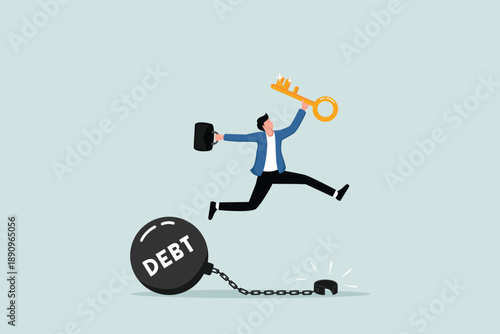 Freedom to pay off debt, loans or mortgages, solutions to solve financial problems, savings or investments, happy entrepreneurs hold the golden key after releasing the shackles of debt burden.
