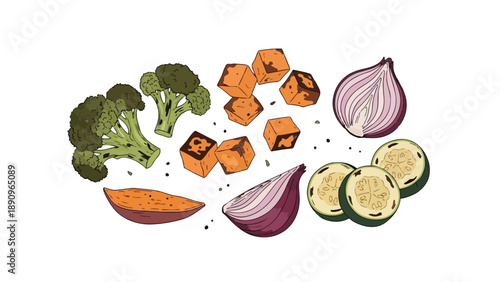 A vibrant collection of wholesome vegetables illustrated, featuring broccoli, sweet potatoes, red onion, and zucchini slices for healthy eating