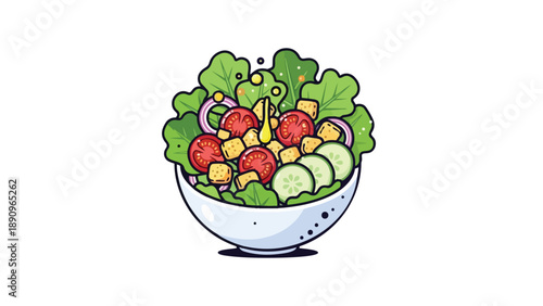 Vibrant cartoon image refreshing garden salad white bowl fresh crisp greens juicy tomatoes cool cucumbers savory croutons zesty red onions wholesome