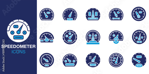 Speedometer Icon set. Containing motorcycle, racing, analog, dial, needle, instrument and more. Solid vector icons collection. Vector illustration.