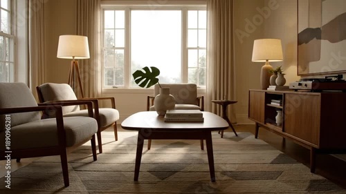 Wallpaper Mural Bright, airy living room with mid-century modern furniture, large windows, and natural light creating a relaxed atmosphere. Torontodigital.ca