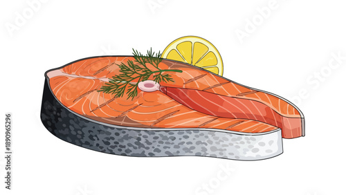 Deliciously illustrated fresh salmon steak artwork with vibrant lemon wedge and delicate dill garnish offering a delightful culinary visual
