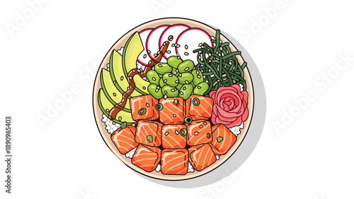 Vibrant illustrative depiction of a fresh and healthy poke bowl, brimming with succulent salmon, creamy avocado, crisp radishes, and nutritious
