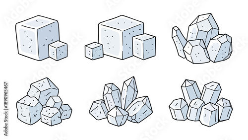 Illustrated collection of crystalline structures, showcasing various mineral forms and sugar cubes.