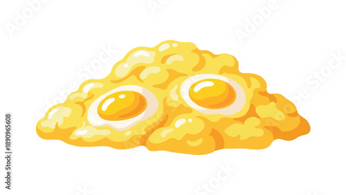 Vibrant cartoon depiction of fluffy scrambled eggs with two perfect sunny-side up yolks a bright breakfast illustration