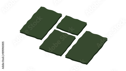 Four dark green rectangular sheets with subtle wavy edges neatly arranged diagonally on a crisp plain white background perfect for culinary or