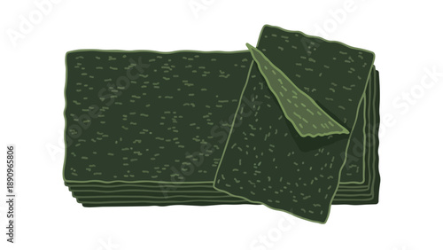Stack of nutrient-rich dark green processed edible seaweed sheets presented in an illustrative minimalist style perfect for asian cuisine