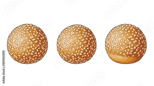 Appetizing illustration of three golden sesame balls featuring a rich, textured coating