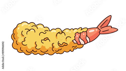 A charming cartoon tempura shrimp illustration featuring a golden crispy batter and a vibrant tail. This happy fried prawn design is perfect for