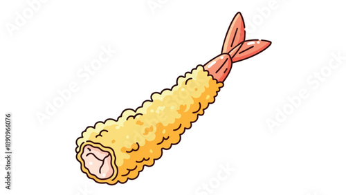 Vibrant illustration of a single golden battered shrimp, a delightful crispy fried seafood item on white