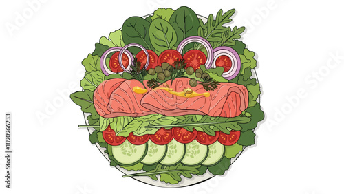 A meticulously crafted vibrant salmon and fresh garden greens salad with crisp sliced vegetables and tangy capers offering a truly healthy and