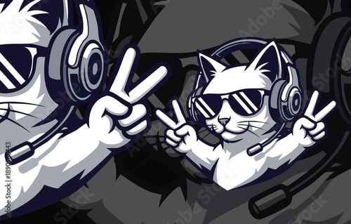 Cool Gaming Cat Mascot: Hipster Feline Avatar with Headphones, Sunglasses, and Peace Sign