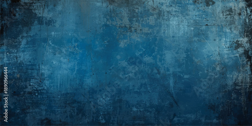 Abstract blue color background. Dynamic shapes composition.Vintage wide long backdrop use for design web banner with scratches and cracks. Old stained dark concrete, distressed texture.