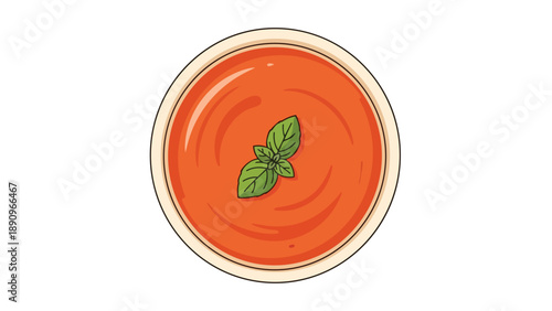 Vibrant orange-red creamy soup with fresh green basil garnish in a clean white bowl, depicted as a simple yet appetizing culinary illustration design