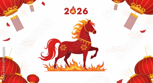 Vector illustration of a Fire Horse zodiac design with red lanterns and envelopes for the 2026 Chinese New Year celebration on a white background.