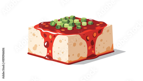 A visually appealing illustration of a perfectly cubed tofu block, lavishly topped with a glistening piquant red sauce and delicate fresh green herb