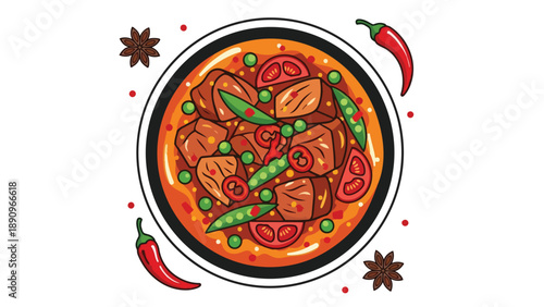 Vibrant illustrative depiction of a hearty meat and vegetable stew adorned with chili peppers and star anise, showcasing a rich and flavorful