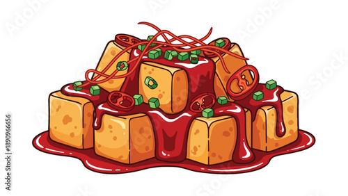 Vibrant vector illustration of spicy golden tofu with chili sauce, green onions, and red pepper garnishes.