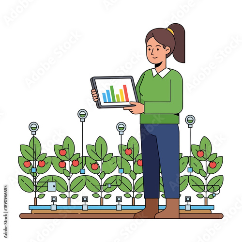 Woman using tablet to monitor smart agriculture greenhouse plants