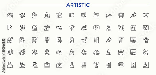 Artistic line icon set. Trendy minimal icons. Pack of creativity, art and design, artwork, paint, draw. Editable stroke collections. Creativity icon collection.