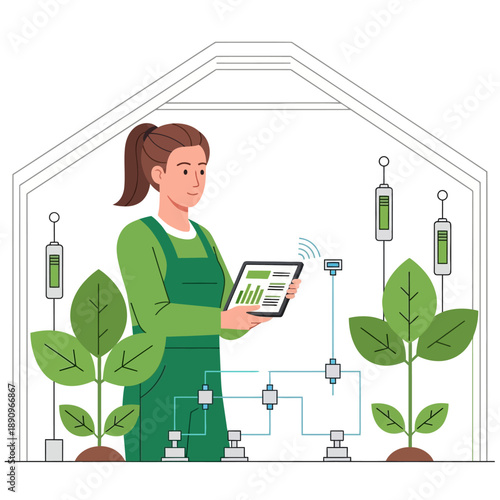 Woman farmer using tablet in smart greenhouse with hydroponic system