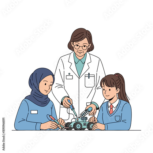 Teacher guiding students in robotics workshop building a small robot